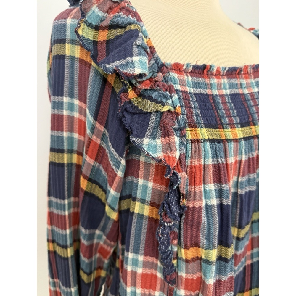 We the FREE PEOPLE New Siena Plaid Pullover TOP Small Babydoll Teal Country $118 - Picture 4 of 16